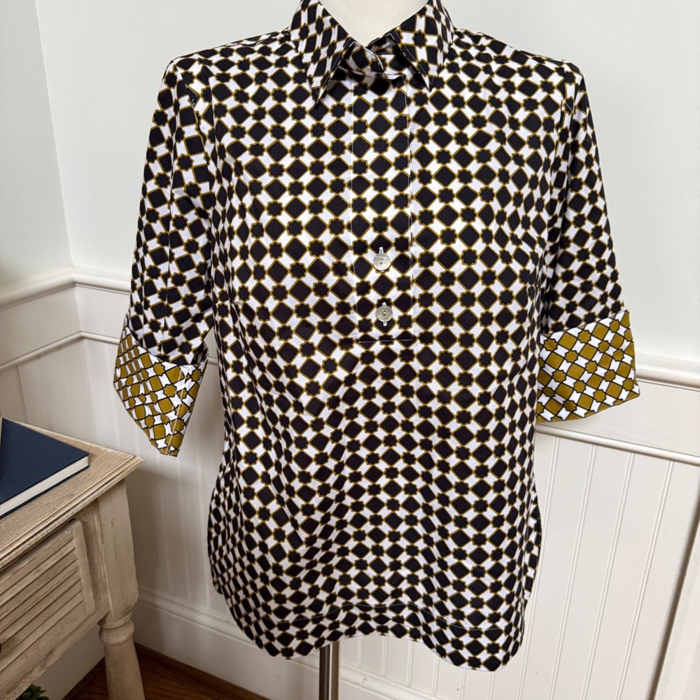 Hinson Wu Womens Geometric Tile Print Tunic Blouse Black Gold 3/4 Sleeve Small
